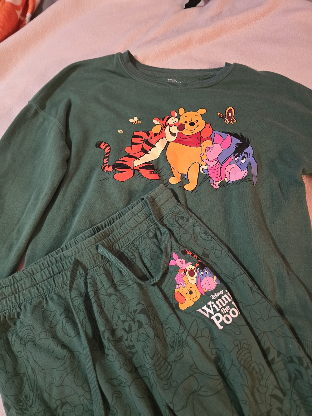 Disney Dark Green Winnie the Pooh Pajama Set with Character Print
